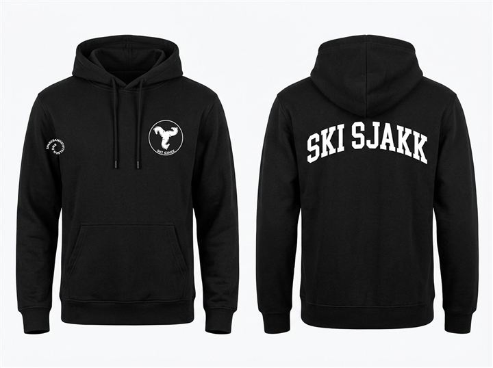 Utkast 1: Svart hettegenser med klubblogo, ryggtrykk og Sparebankstiftelsen DNB-ermetrykk